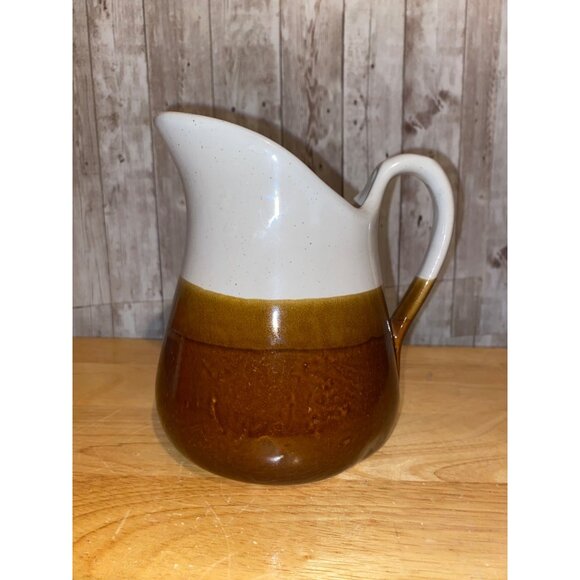 Vintage Brown White Ceramic Squat Water Pitcher Handle Crock Carafe Taiwan - Picture 1 of 7